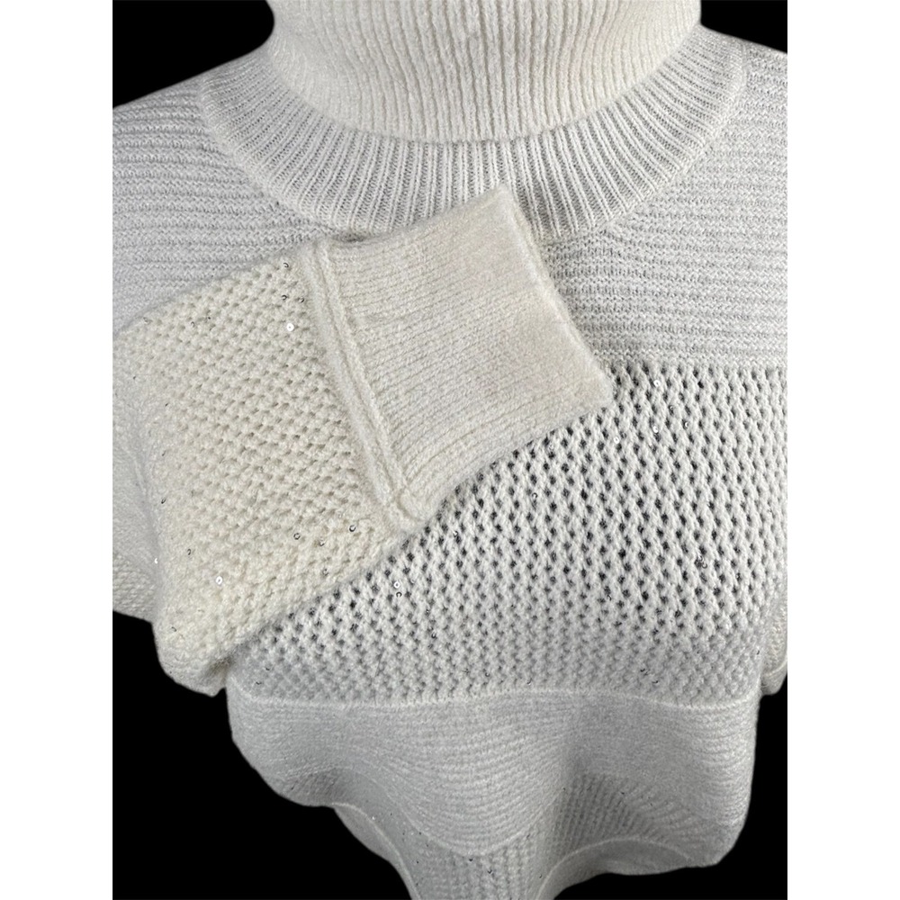 Rachel Zoe Sweater XL Winter White Luxe Chunky Sequin Turtleneck Cozy Sparkle - Picture 3 of 11